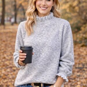 Gray Ruffle Cuff Mock Neck Sweater Cozy Soft Casual Chic Large